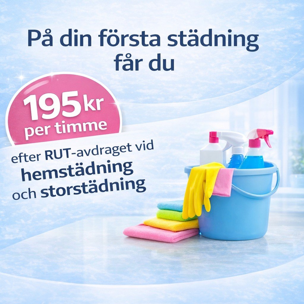 Få ditt hem skinande rent! På din första städning får du 195 kr per timme efter RUT-avdraget vid hemstädning och storstädning. Boka idag och njut av ett fräscht hem till ett ännu bättre pris! Enklare, fräschare och mer tid för dig själv!