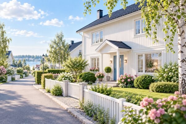 Illustration av ett skandinaviskt bostadshus med trädgård.