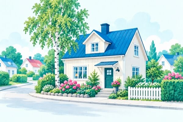 Illustration av ett skandinaviskt bostadshus med trädgård.