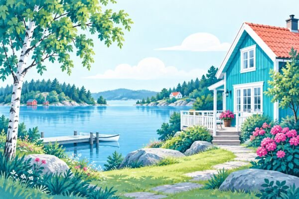 Illustration av ett skandinaviskt hus vid en sjö.
