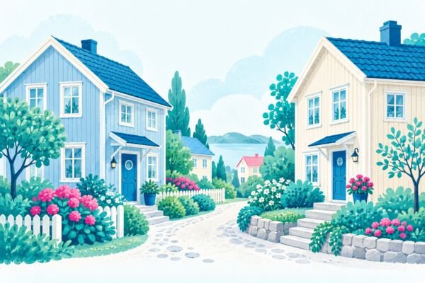 Illustration av en lugn gata med skandinaviska hus.