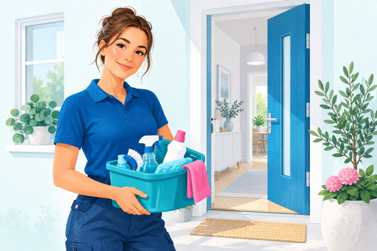 Illustration av en städare med städmaterial vid en öppen blå dörr.