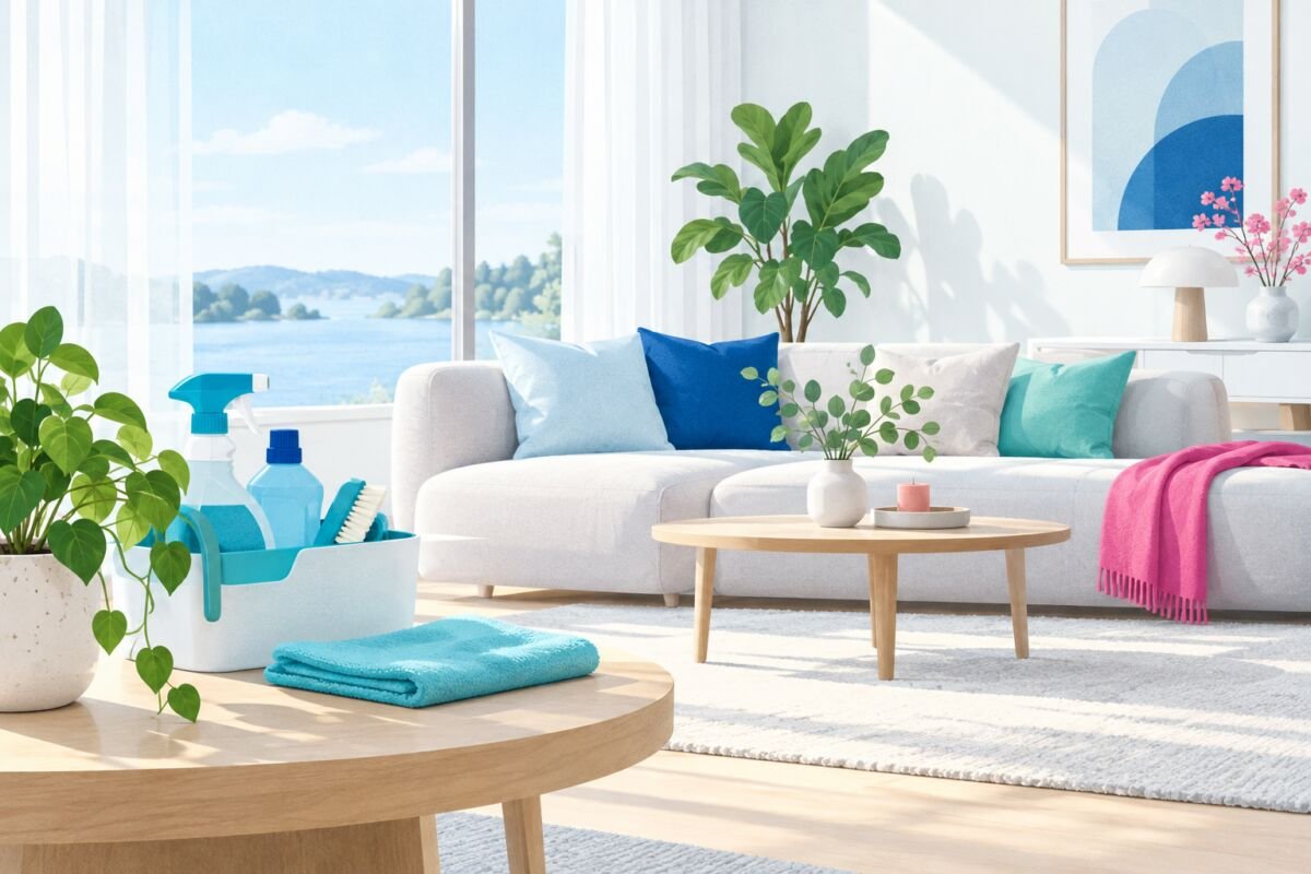 Illustration av ett ljust vardagsrum med städmaterial i blått och turkost.